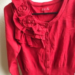 Red cardigan blouse, flower front, lightly worn